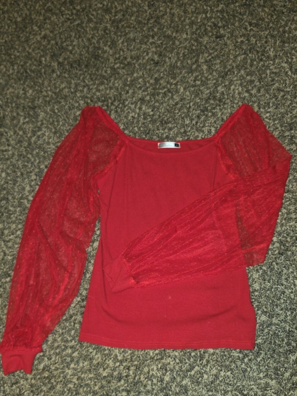 Red Ribbed Sheer Sleeve Crewneck Top